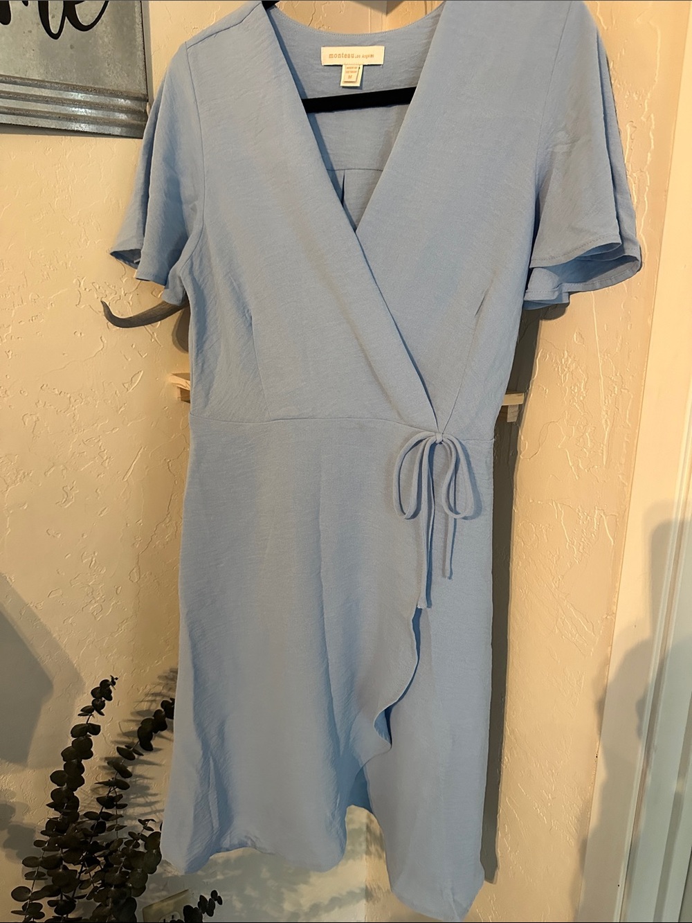 Soft Blue Wrap Midi Dress with Tie Waist